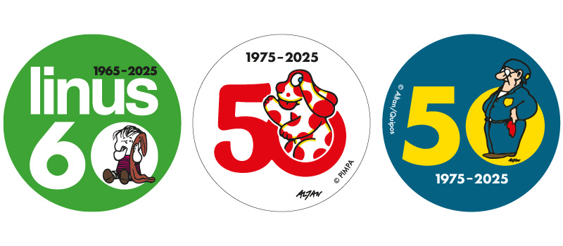 Tre badge per celebrare i 60 anni della rivista Linus e i 50 anni della Pimpa e di Cipputi)
